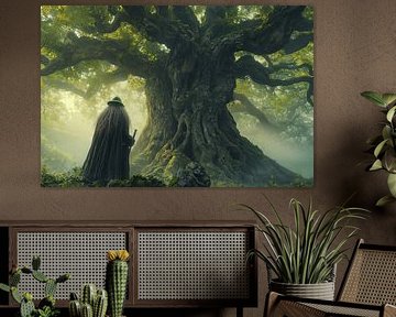 Wijze druïde in de Keltische jungle voor zonsopgang van artefacti