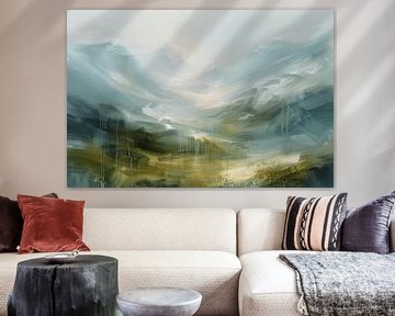 Modern en abstract berglandschap in groen en blauw tinten van Studio Allee