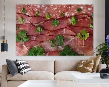 Landscape of sliced meat and coriander by Irene Cecile