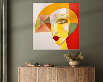 vrouwengezicht in abstracte moderne kunst in geel en rood. van LidyStuit
