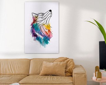 Colourful abstract wolf in watercolour by De Muurdecoratie