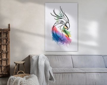 Oiseau abstrait à l'aquarelle dans des lignes colorées sur De Muurdecoratie
