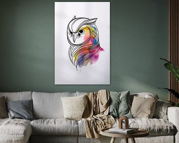 Hibou abstrait coloré en dessin au trait sur De Muurdecoratie