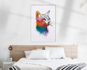 Abstraktes Aquarell Katze mit Farbexplosion von De Muurdecoratie