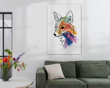 Renard abstrait à l'aquarelle dans l'art linéaire sur De Muurdecoratie