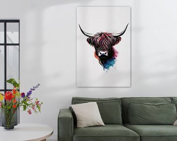 Modern watercolour style bull with colour by De Muurdecoratie