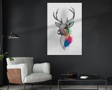 Cerf de ligne minimaliste dans une explosion de couleurs sur De Muurdecoratie