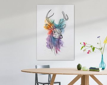 Cerf abstrait dans une aquarelle colorée sur De Muurdecoratie