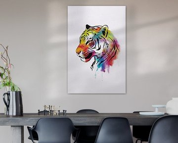 Dessin au trait expressif et coloré du tigre sur De Muurdecoratie