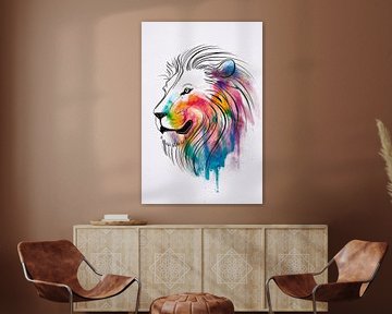 Abstract Colourful Lion in Lines by De Muurdecoratie