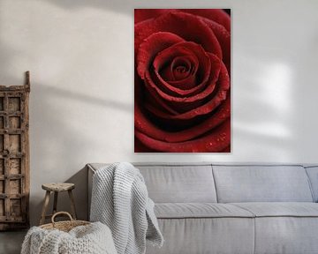 Rose rouge avec gouttes de rosée, gros plan sur De Muurdecoratie