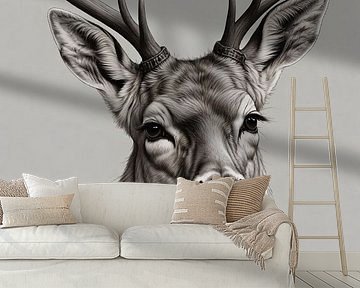 Schwarzer und weißer Hirsch mit imposantem Geweih von Art & Soul Creations