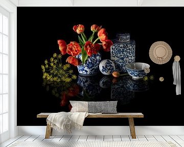 Still life, Blue and White China with bunch of orange tulips and dill by Oda Slofstra