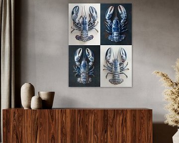 collage van vier afbeeldingen van een kreeft met Delfts blauw pantser van Margriet Hulsker
