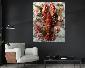Rouge homard sur un lit de fleurs sur Rene Ladenius Digital Art