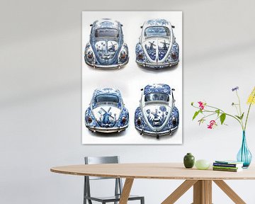 Collage von vier verschiedenen VW-Käfer-Autos mit Delfter Blau-Karosserie von Margriet Hulsker