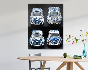 Collage of four different VW beetle car's with Delft blue body by Margriet Hulsker