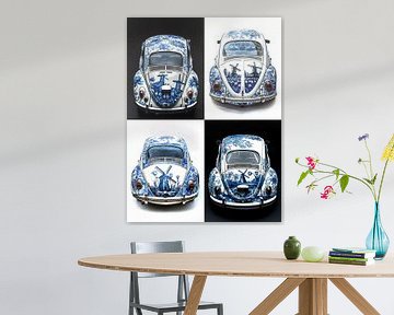 Collage von vier verschiedenen VW-Käfer-Autos mit Delfter Blau-Karosserie von Margriet Hulsker