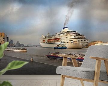 Amsterdam IJ met cruise schip, pont en rondvaartboot van Bert Rietberg