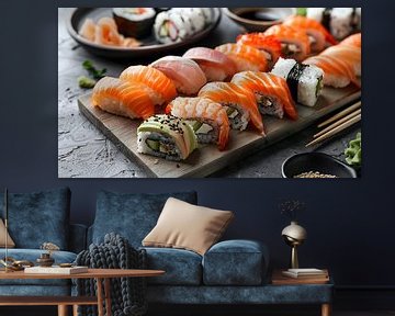 Roll suhsi on a plate with chopsticks by de-nue-pic