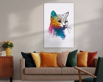 Chat coloré à l'aquarelle dans un style moderne sur De Muurdecoratie