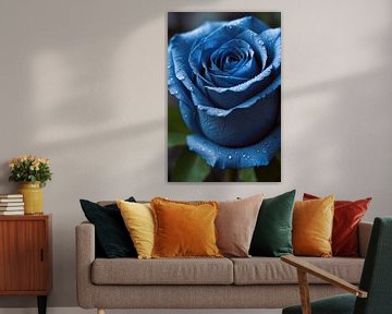 Blauwe roos bedauwd in ochtendlicht van De Muurdecoratie