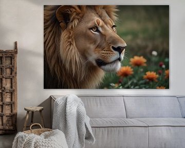 Lion pensif dans un champ de fleurs sur De Muurdecoratie