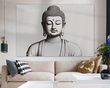 Gelassener Buddha in minimalistischer Linienkunst von De Muurdecoratie