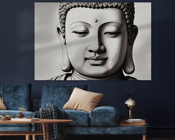 Bouddha serein, design minimaliste noir et blanc sur De Muurdecoratie