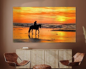 Pferd und Reiter am Strand während eines Sonnenuntergangs (der digitalen Kunst) von eric van der eijk