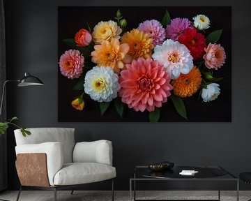 Lebendige Blume Komposition auf tiefschwarzem Hintergrund von De Muurdecoratie