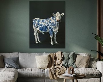 Vache hollandaise avec des tulipes bleues de Delft et des moulins à vent sur son corps sur Margriet Hulsker