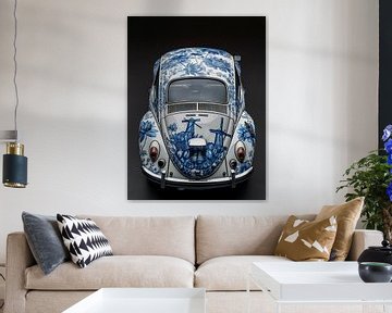 view of the rear of an old volkswagen beetle decorated with Delft blue images by Margriet Hulsker