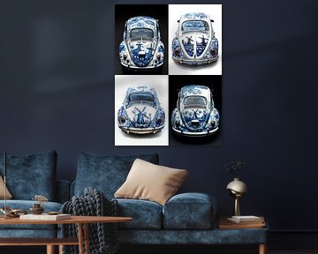 collage aanblik van de Achterkant van een oude volkswagen kever voorzien van Delfts blauwe afbeeldingen van Margriet Hulsker