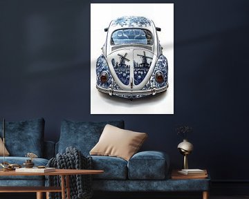 aanblik van de Achterkant van een oude volkswagen kever voorzien van Delfts blauwe afbeeldingen van Margriet Hulsker