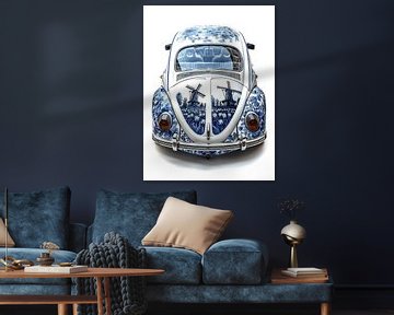 view of the rear of an old volkswagen beetle decorated with Delft blue images by Margriet Hulsker