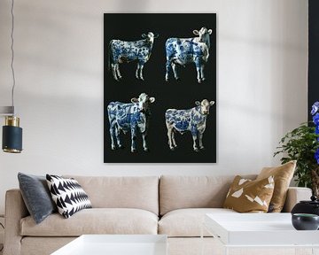 collage van Nederlandse koe met Delfstblauwe tulpen en molens op haar lichaam