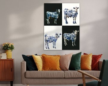 collage of Dutch cow with Delft blue tulips and windmills on her body by Margriet Hulsker