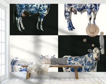 collage van Nederlandse koe met Delfstblauwe tulpen en molens op haar lichaam van Margriet Hulsker