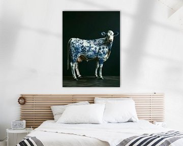Holländische Kuh mit delfterblauen Tulpen und Windmühlen auf dem Körper von Margriet Hulsker
