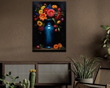 Blumenstrauß in blauer Vase auf schwarzem Hintergrund von De Muurdecoratie