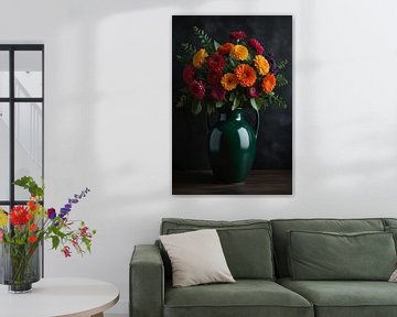 Vibrant Floral Bouquet in Elegant Green Vase by De Muurdecoratie