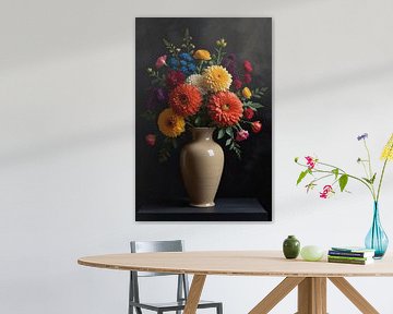 Nature morte au vase et aux fleurs colorées sur De Muurdecoratie