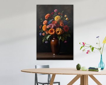 Fleurs colorées dans un vase foncé sur De Muurdecoratie