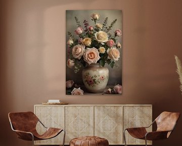 Vase vintage avec roses romantiques sur De Muurdecoratie