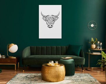 Black and white line drawing of a Scottish highlander by De Muurdecoratie