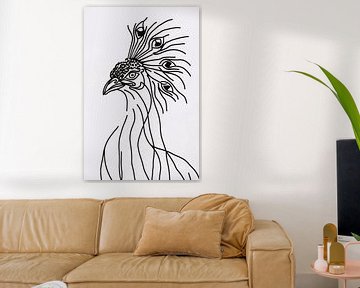 Dessin abstrait au trait du paon en noir et blanc sur De Muurdecoratie