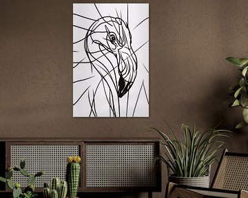 Zwart-witte abstracte flamingo lijnkunst van De Muurdecoratie