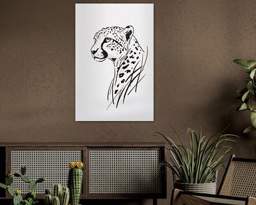 Black-and-white minimalist cheetah line drawing by De Muurdecoratie