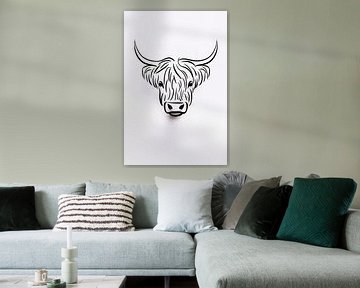 Zwart-witte minimalistische Schotse hooglander lijnillustratie van De Muurdecoratie